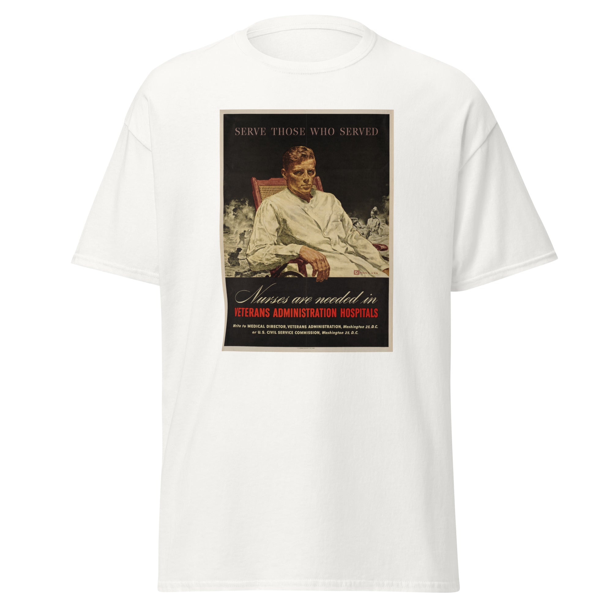 Unisex black t-shirt featuring vintage Veterans Hospitals Vintage poster artwork printed across the front