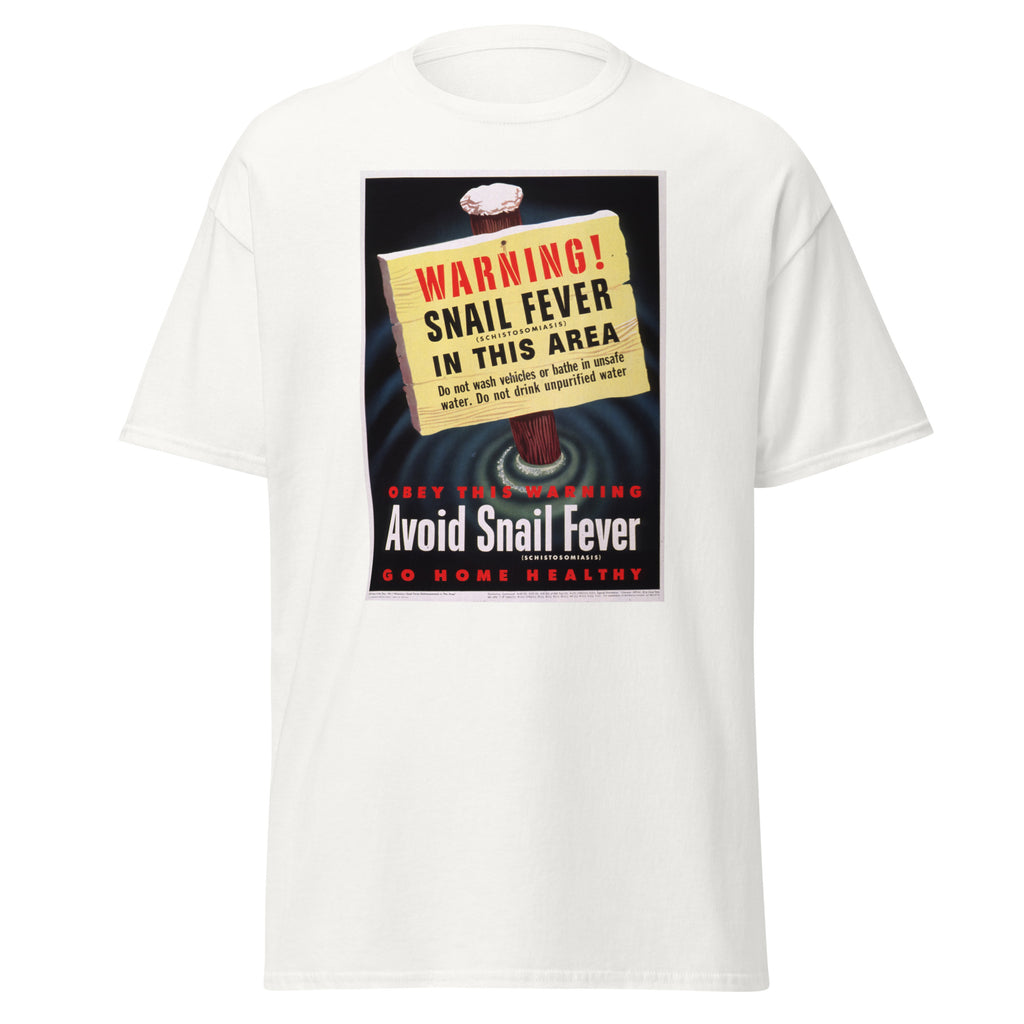 Unisex heather gray t-shirt featuring vintage Snail Fever Vintage poster artwork printed across the front