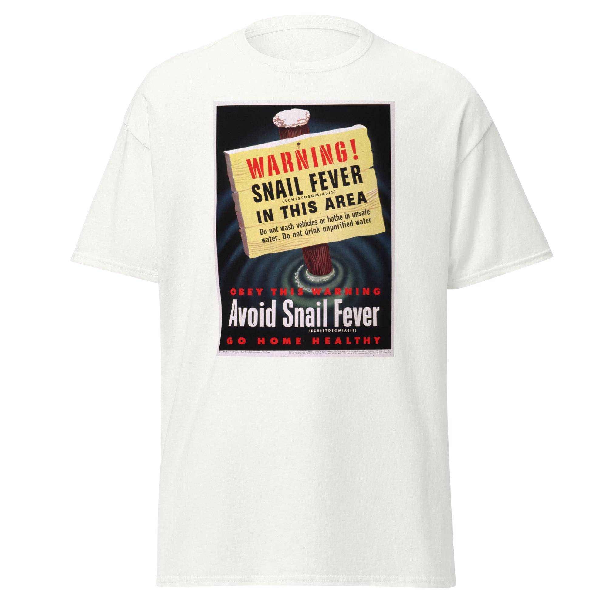 Unisex heather gray t-shirt featuring vintage Snail Fever Vintage poster artwork printed across the front
