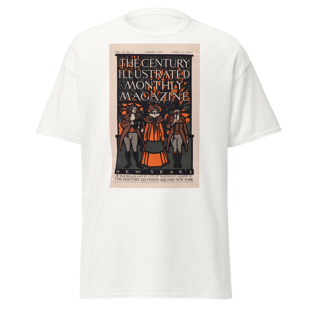 Unisex black t-shirt featuring vintage Century Illustrated Vintage poster artwork printed across the front