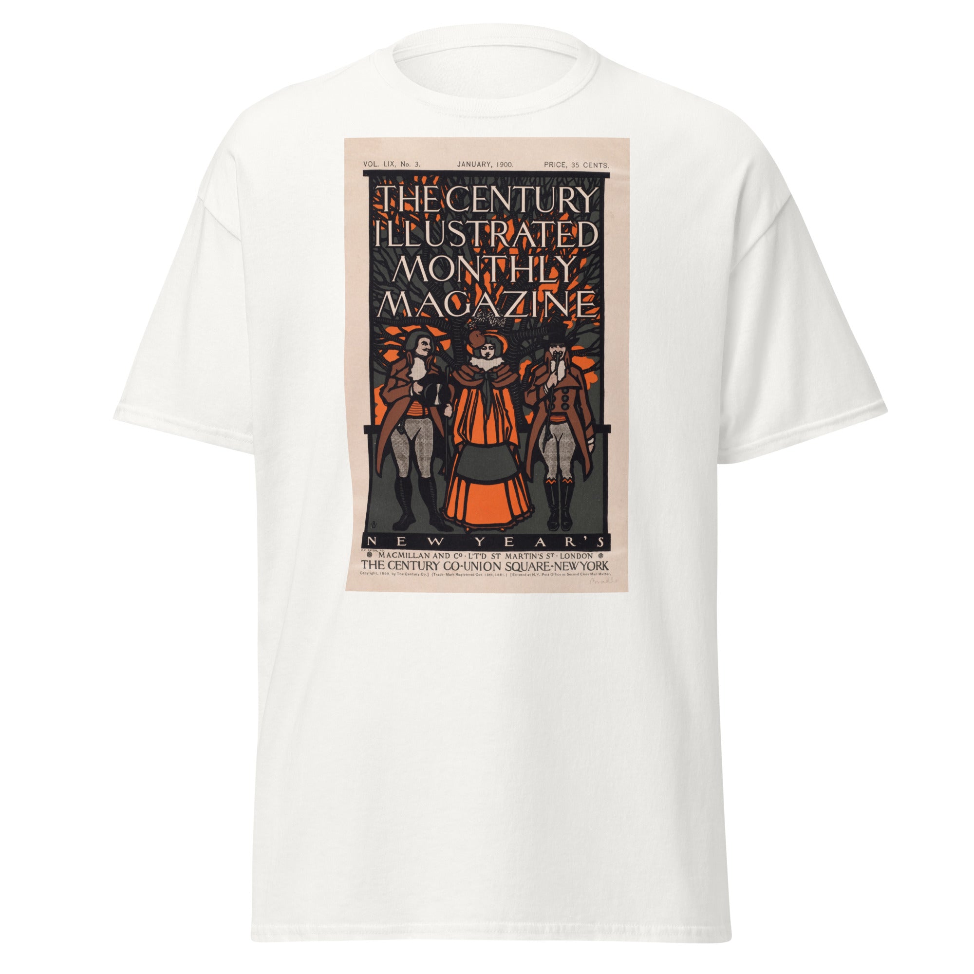 Unisex black t-shirt featuring vintage Century Illustrated Vintage poster artwork printed across the front