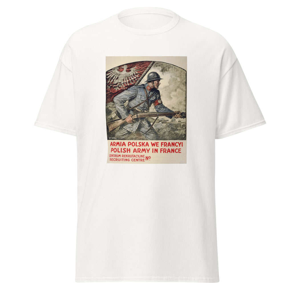 Unisex black t-shirt featuring vintage WWI Polish Army poster artwork printed across the front