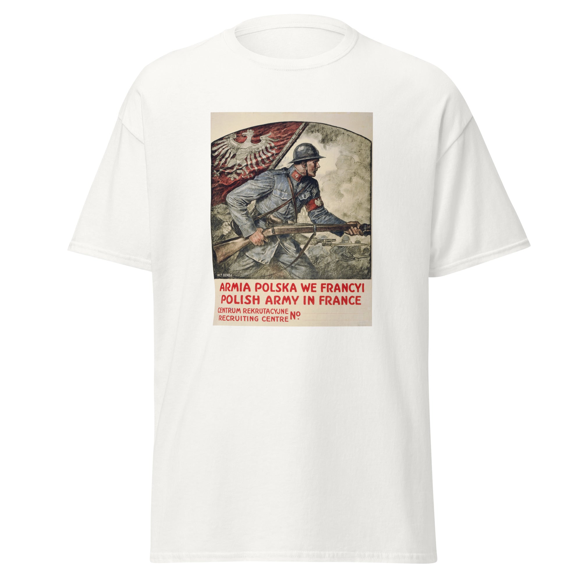 Unisex black t-shirt featuring vintage WWI Polish Army poster artwork printed across the front