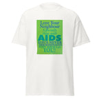 Unisex black t-shirt featuring vintage AIDS Discrimination poster artwork printed across the front