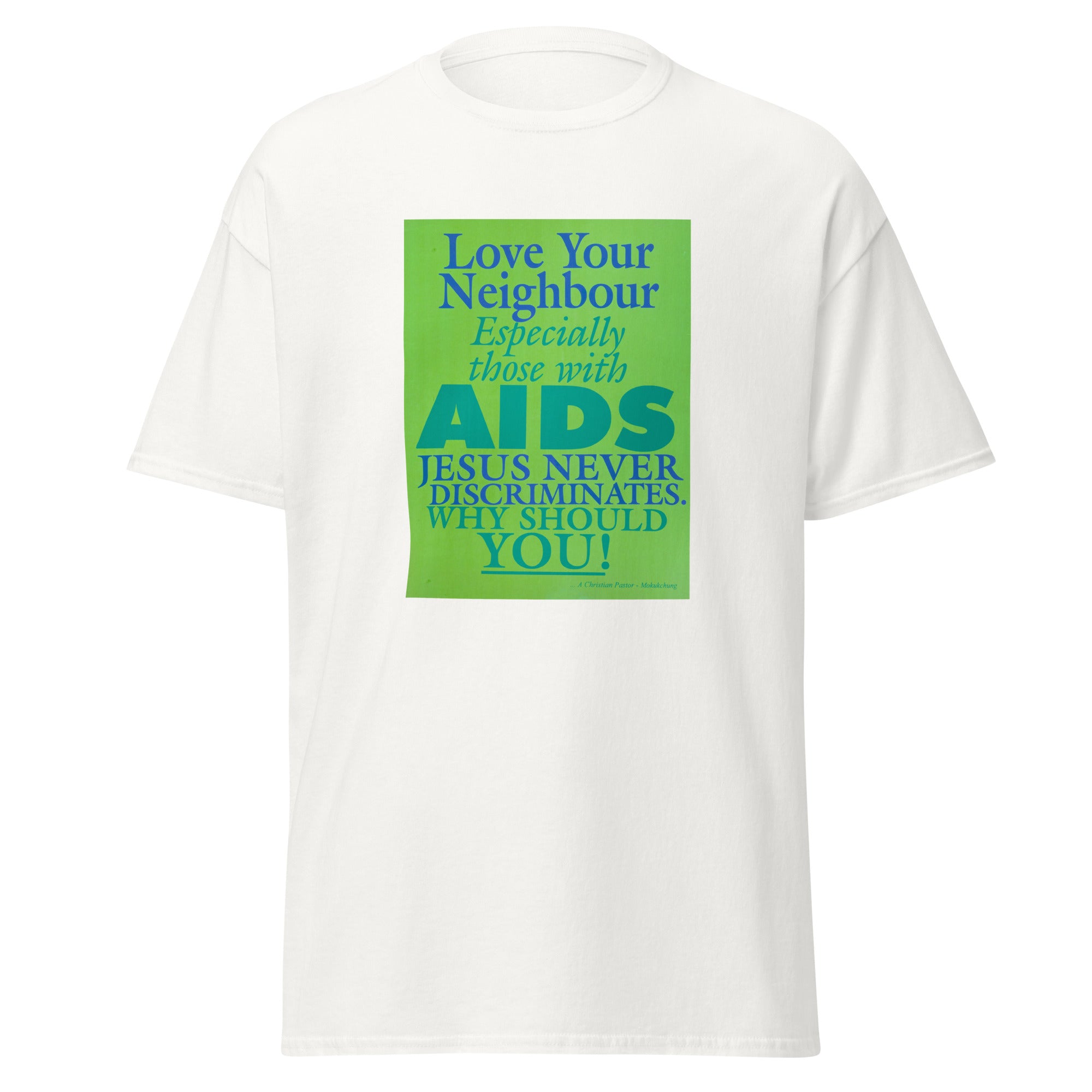Unisex black t-shirt featuring vintage AIDS Discrimination poster artwork printed across the front