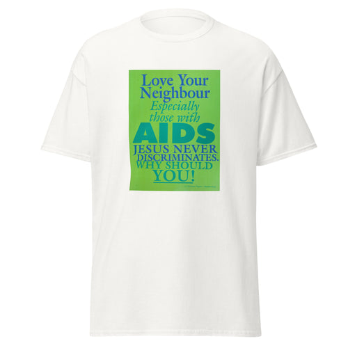 Unisex black t-shirt featuring vintage AIDS Discrimination poster artwork printed across the front