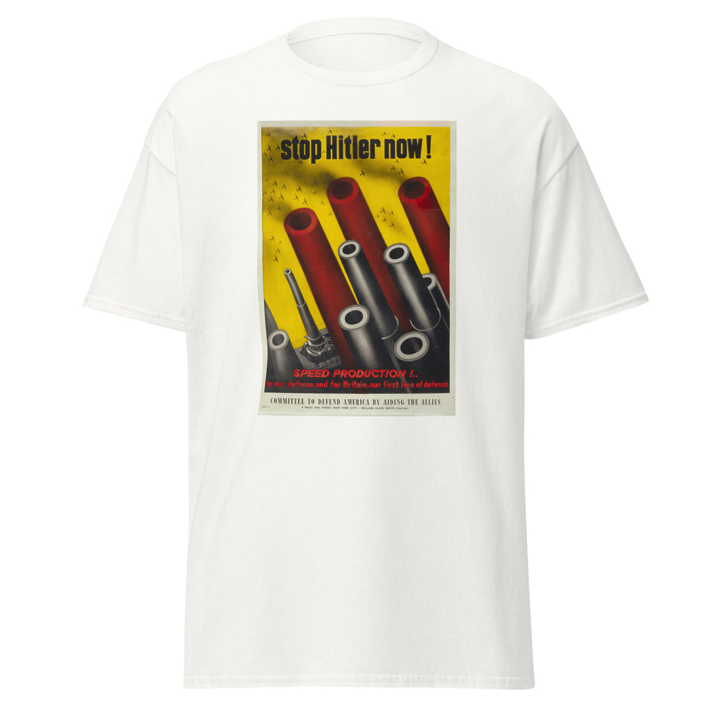 Unisex heather gray t-shirt featuring vintage Stop Hitler poster artwork printed across the front