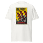 Unisex heather gray t-shirt featuring vintage Stop Hitler poster artwork printed across the front
