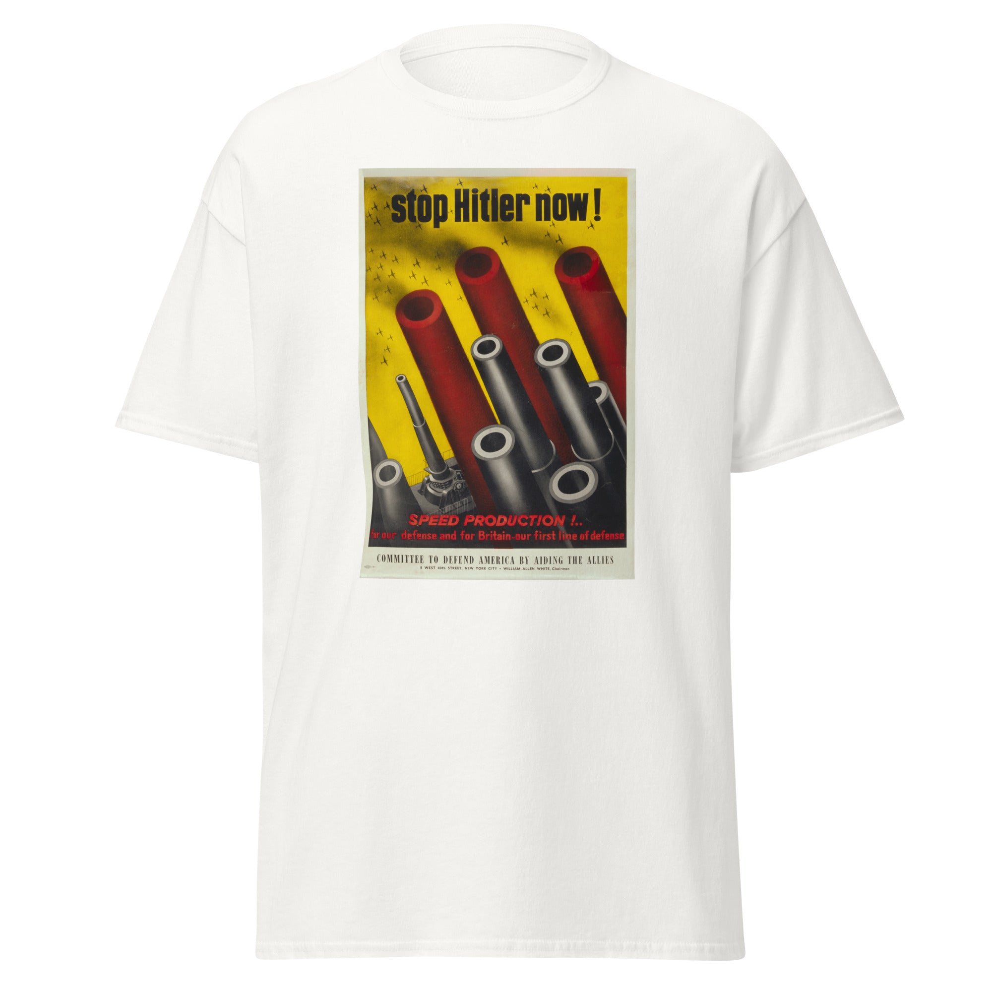 Unisex heather gray t-shirt featuring vintage Stop Hitler poster artwork printed across the front