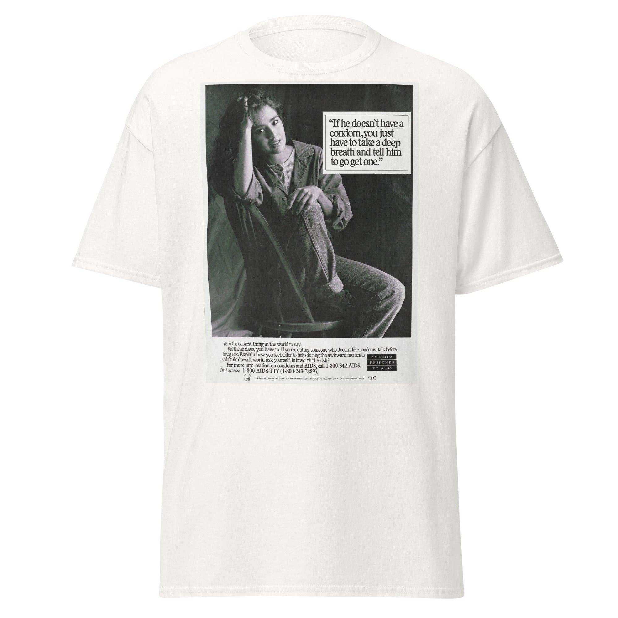 Unisex black t-shirt featuring vintage AIDS Condom poster artwork printed across the front