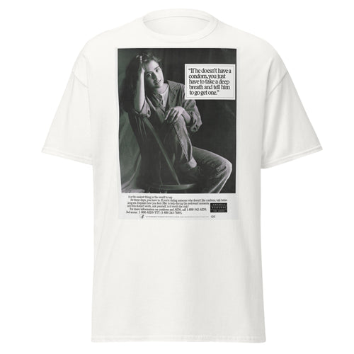 Unisex black t-shirt featuring vintage AIDS Condom poster artwork printed across the front