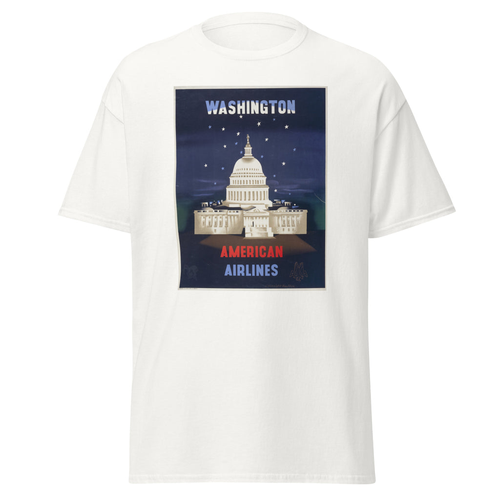 Unisex black t-shirt featuring vintage American Airlines Washington poster artwork printed across the front