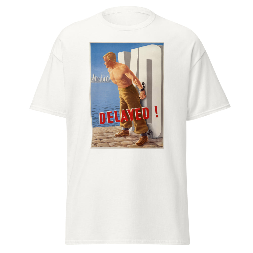 Unisex heather gray t-shirt featuring vintage VD Delayed Vintage poster artwork printed across the front