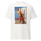 Unisex heather gray t-shirt featuring vintage VD Delayed Vintage poster artwork printed across the front