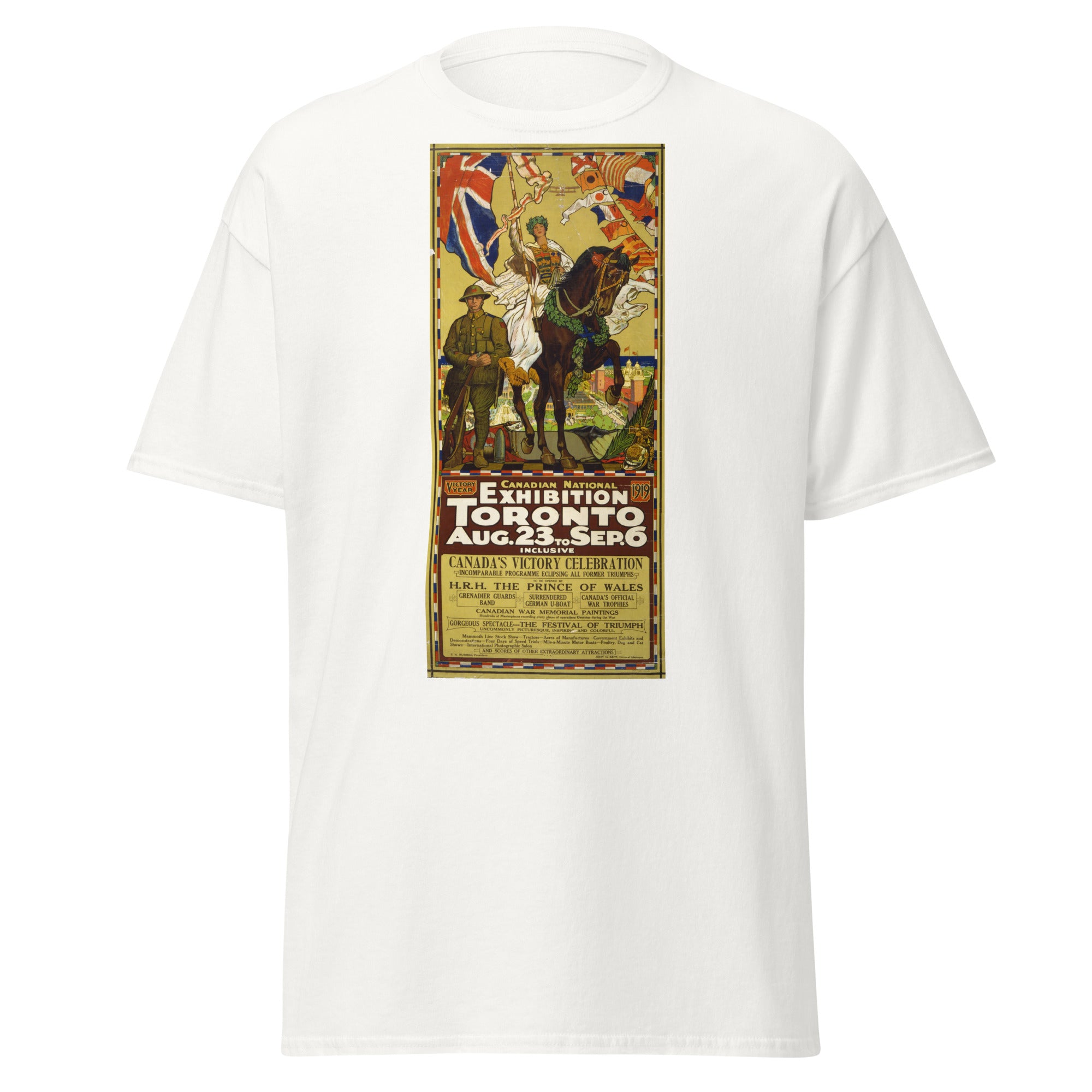 Unisex heather gray t-shirt featuring vintage Canada WWI Victory poster artwork printed across the front
