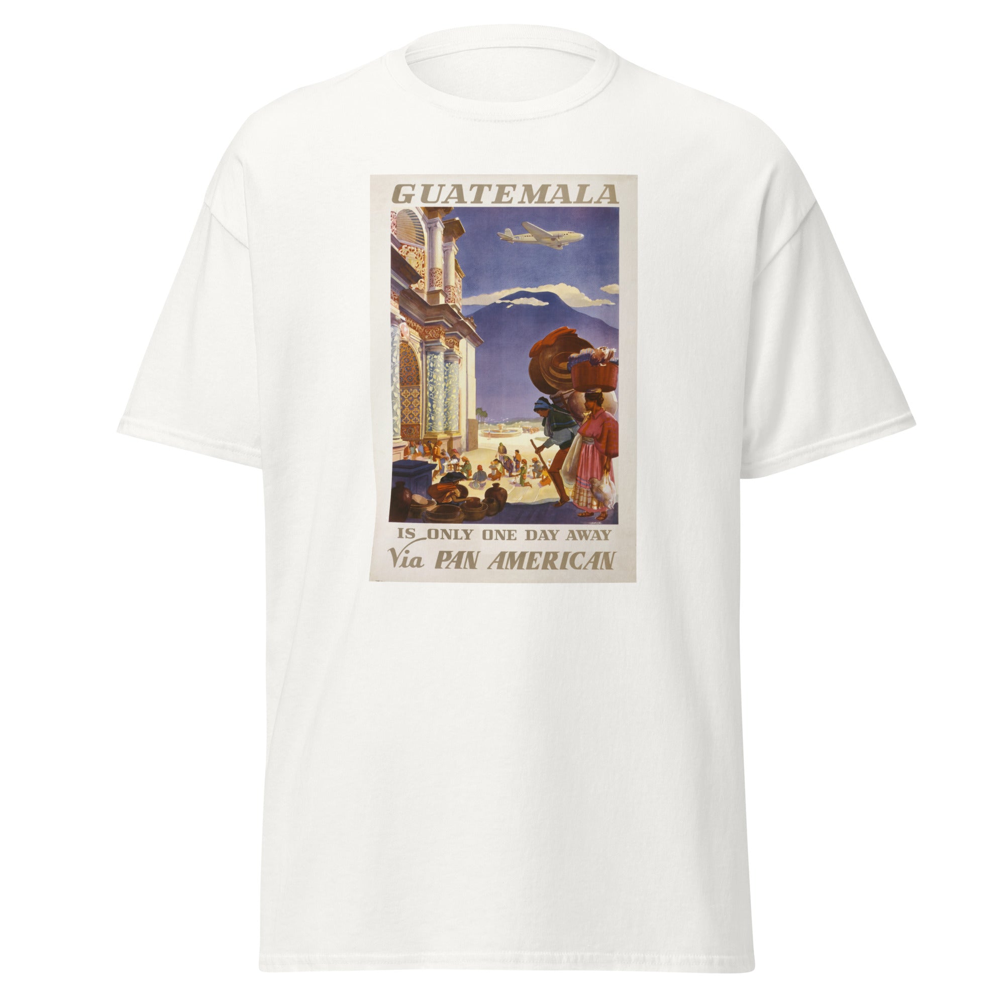 Unisex black t-shirt featuring vintage Guatemala Pan American Vintage poster artwork printed across the front