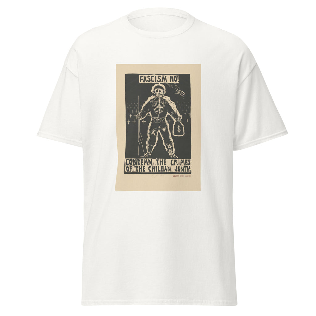 Unisex black t-shirt featuring vintage Chile Anti Fascism poster artwork printed across the front