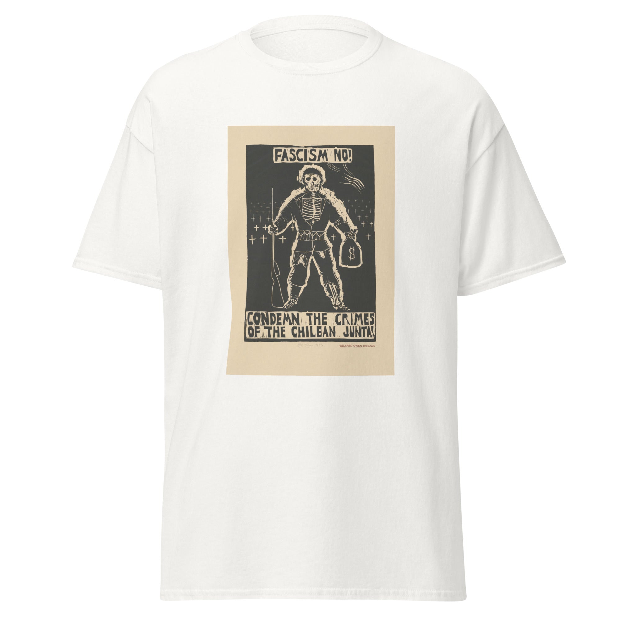 Unisex black t-shirt featuring vintage Chile Anti Fascism poster artwork printed across the front
