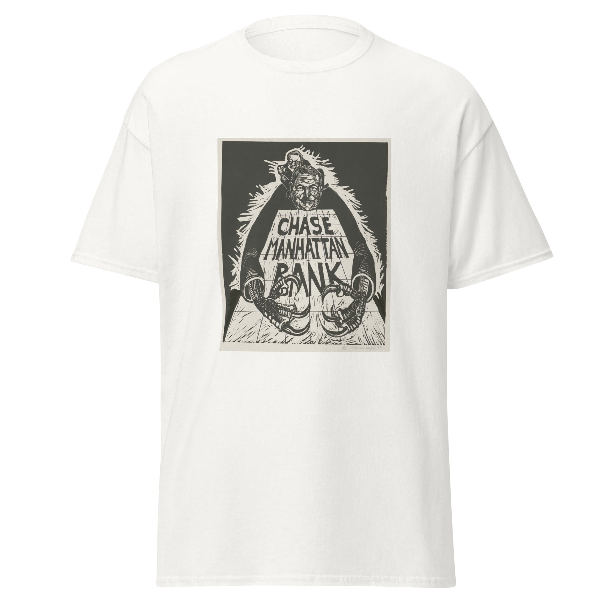Unisex heather gray t-shirt featuring vintage Chase Manhattan Protest poster artwork printed across the front