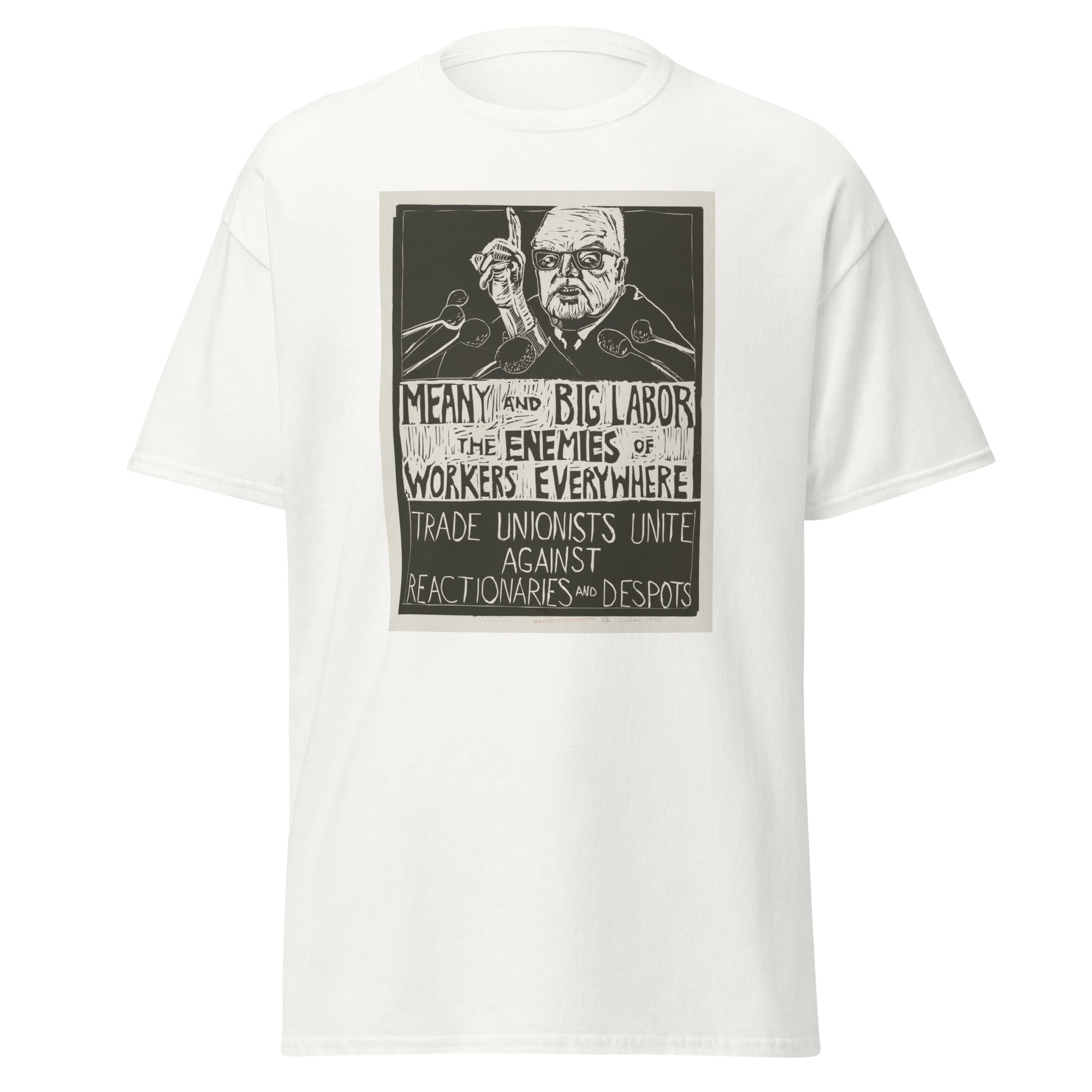 Unisex heather gray t-shirt featuring vintage Trade Unionists Unite poster artwork printed across the front