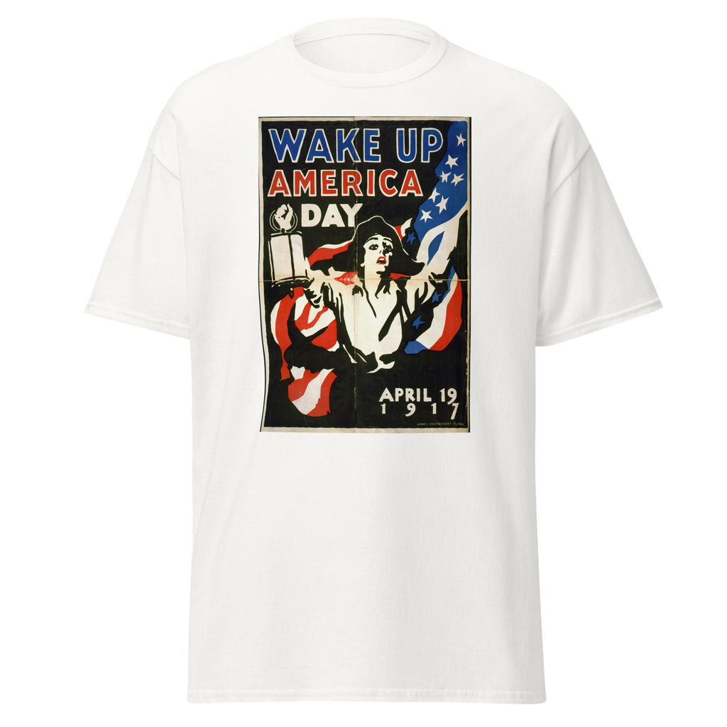 Unisex heather gray t-shirt featuring vintage Wake Up America poster artwork printed across the front