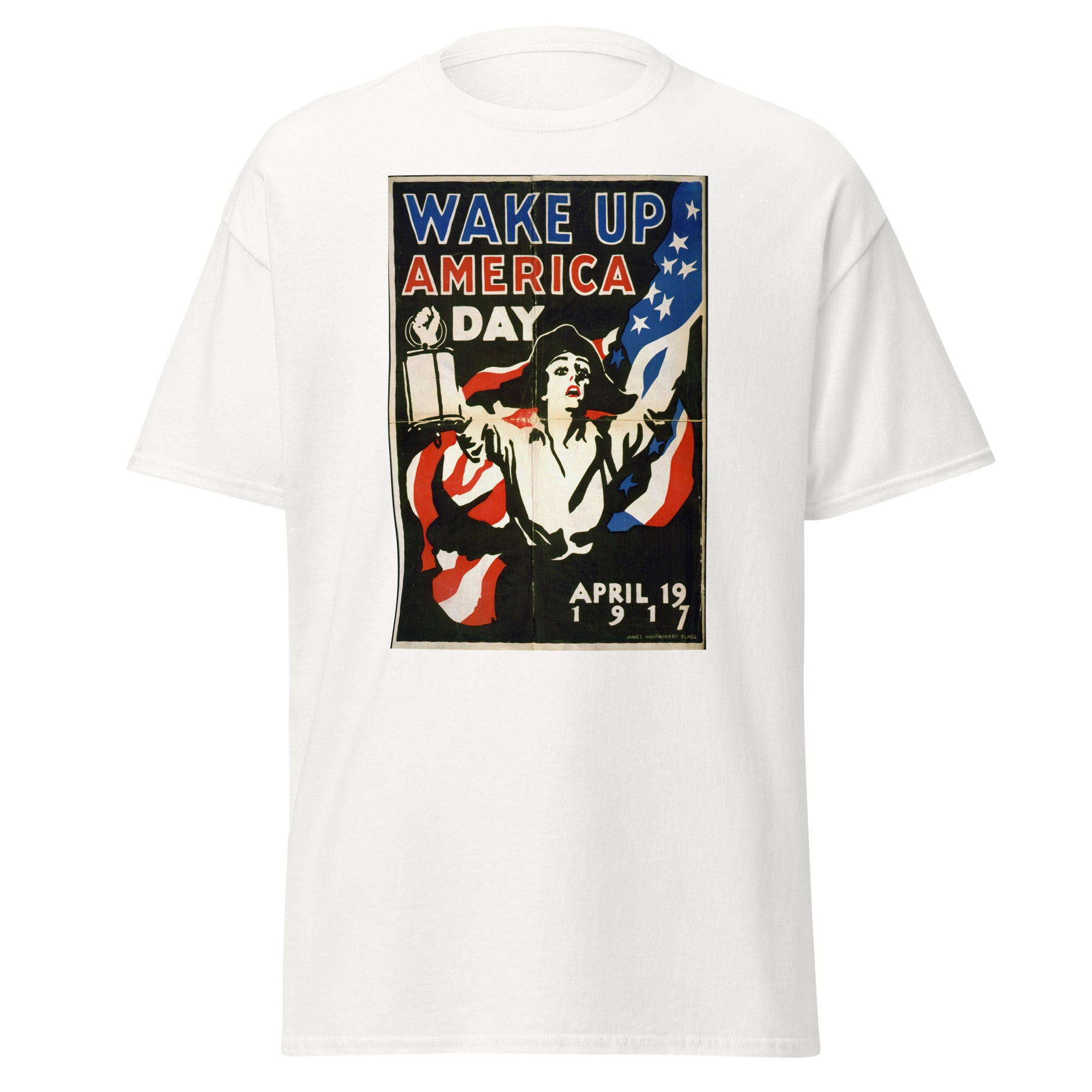Unisex heather gray t-shirt featuring vintage Wake Up America poster artwork printed across the front
