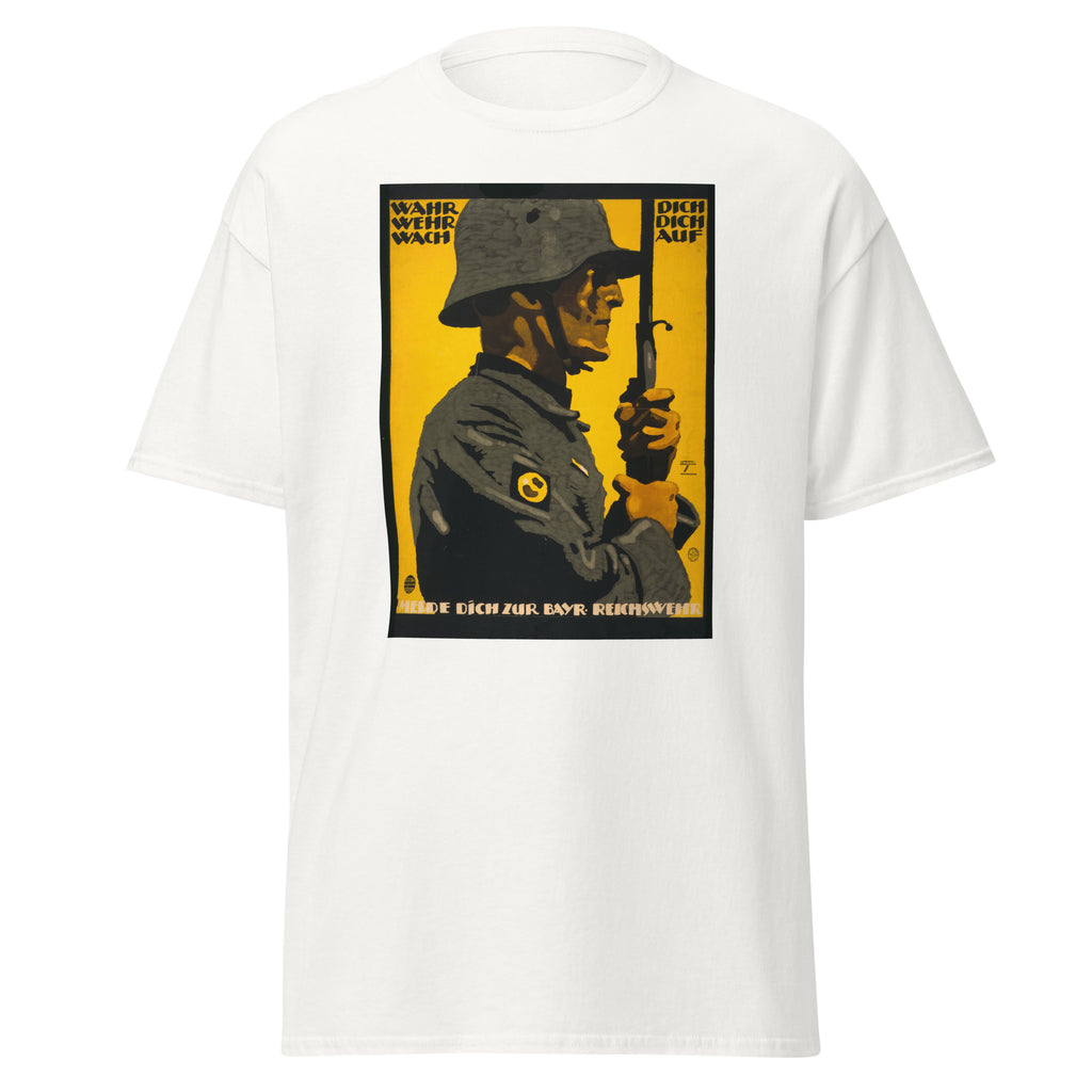 Unisex black t-shirt featuring vintage German Military WWI poster artwork printed across the front