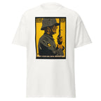 Unisex black t-shirt featuring vintage German Military WWI poster artwork printed across the front