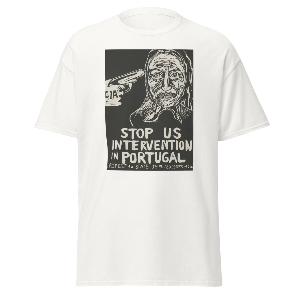 Unisex heather gray t-shirt featuring vintage CIA Portugal poster artwork printed across the front