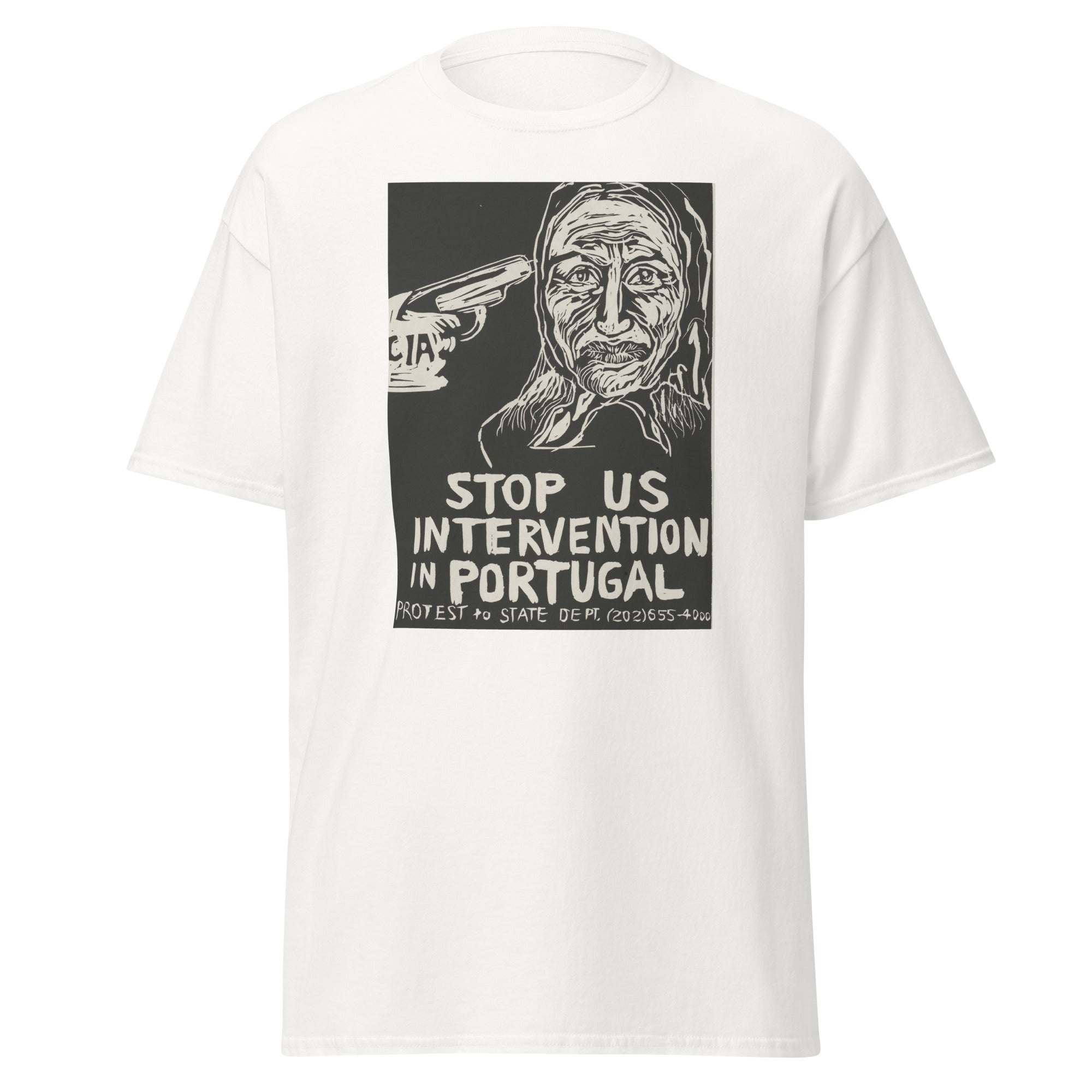 Unisex heather gray t-shirt featuring vintage CIA Portugal poster artwork printed across the front