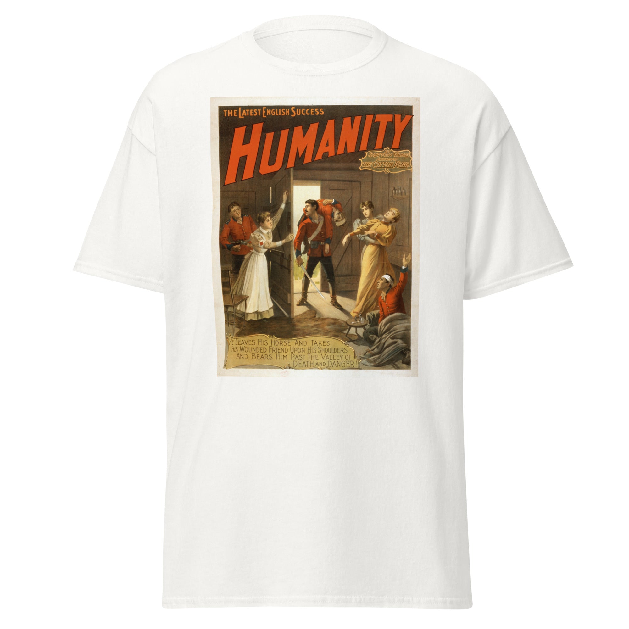 Unisex black t-shirt featuring vintage Humanity Vintage poster artwork printed across the front