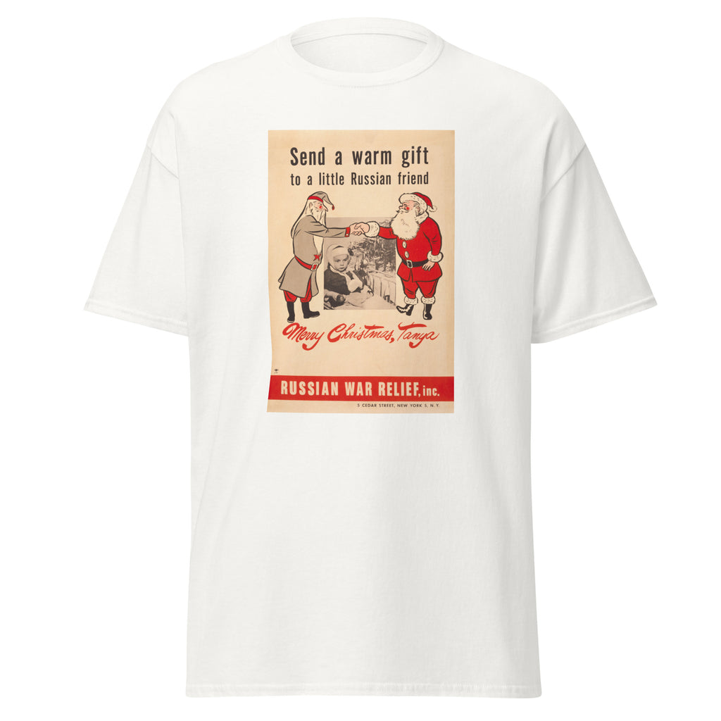 Unisex black t-shirt featuring vintage Russian War Relief poster artwork printed across the front