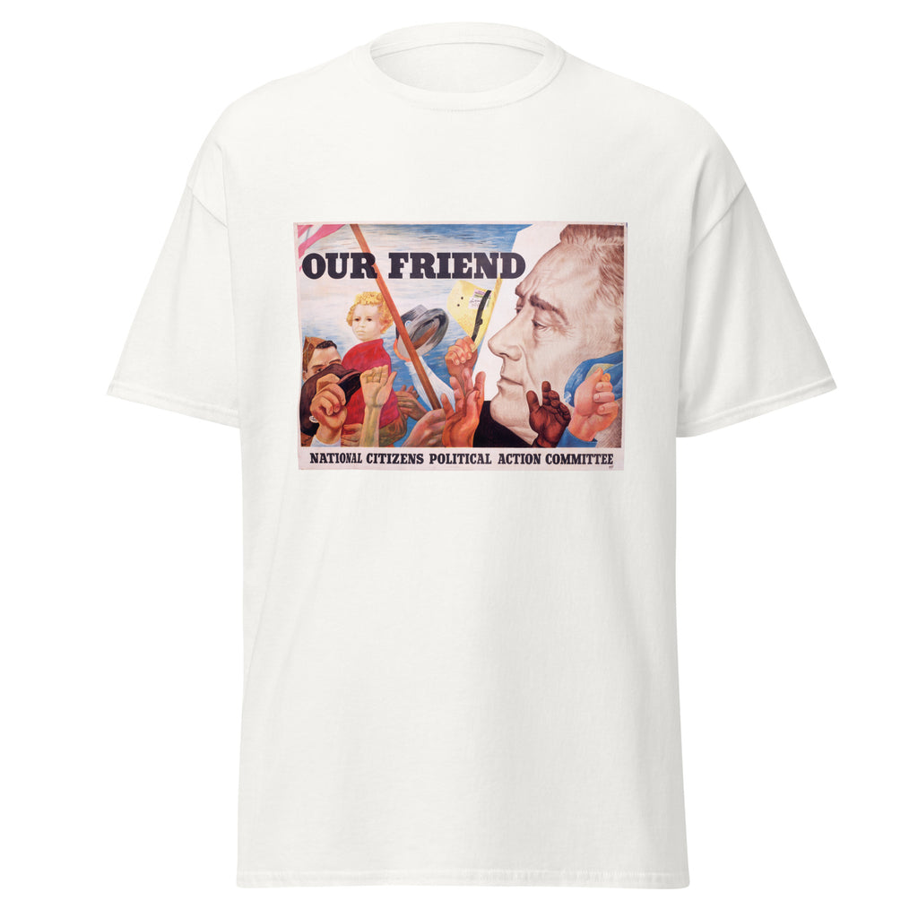 Unisex black t-shirt featuring vintage FDR Our Friend poster artwork printed across the front