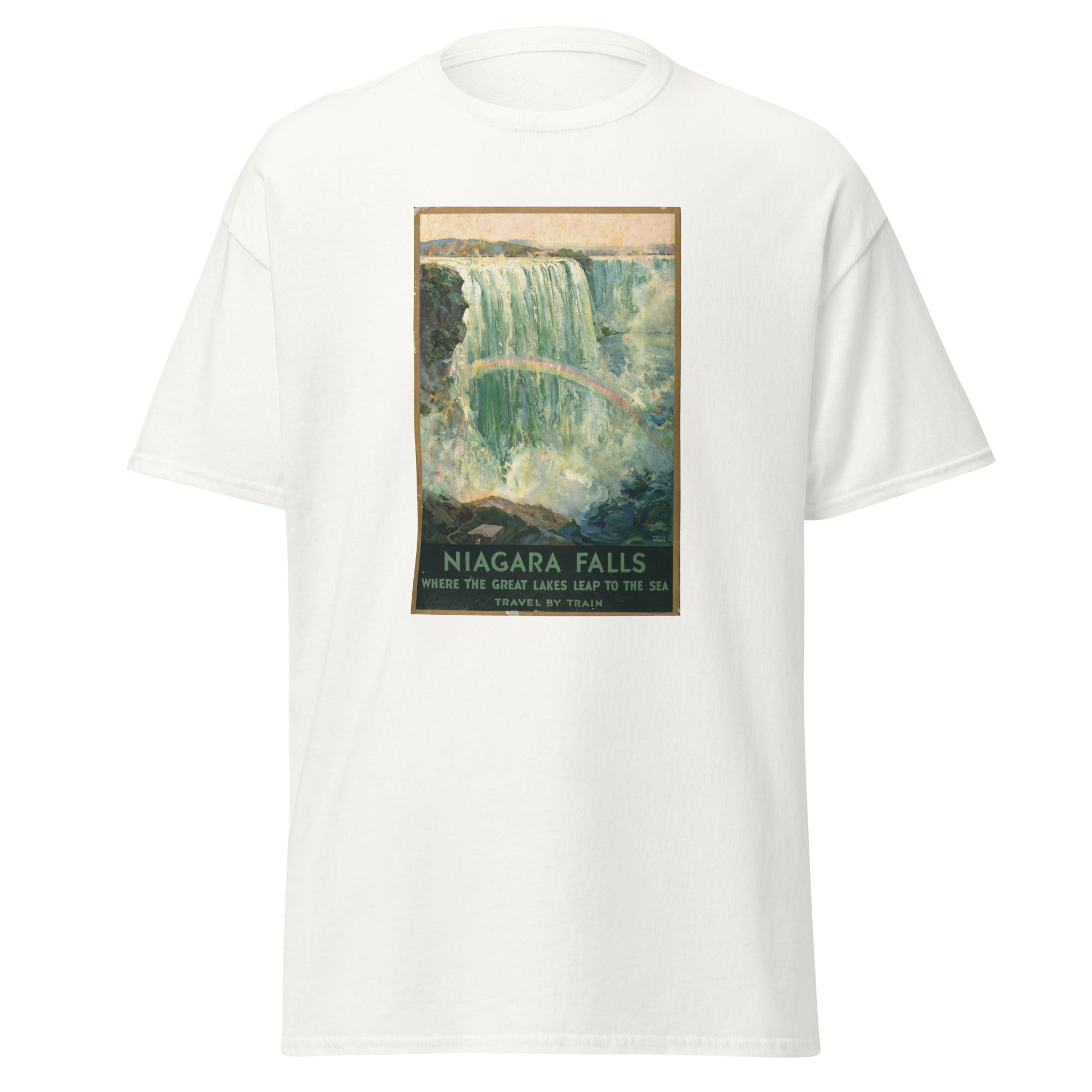 Unisex heather gray t-shirt featuring vintage Niagara Falls Vintage poster artwork printed across the front