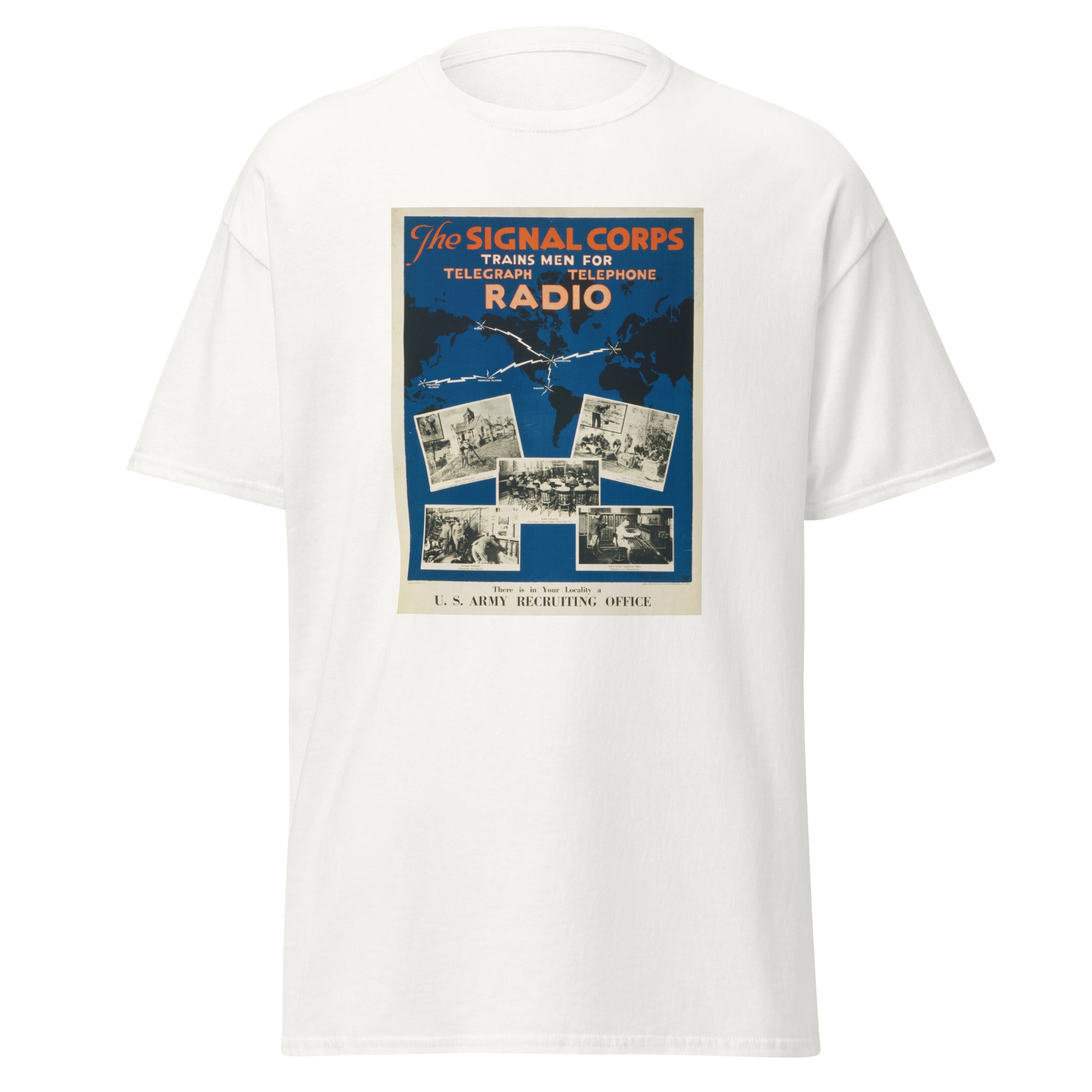 Unisex heather gray t-shirt featuring vintage Signal Corps Recruiting poster artwork printed across the front