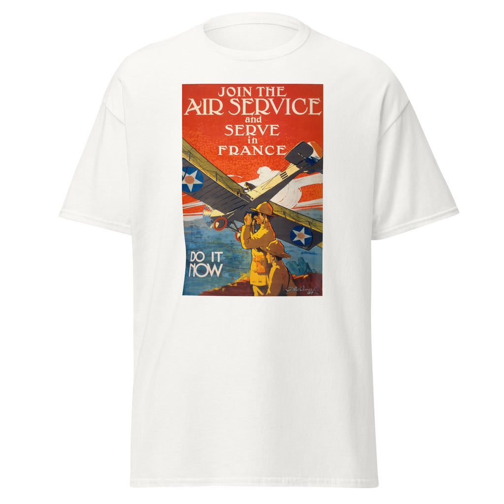 Unisex heather gray t-shirt featuring vintage Air Service WWI poster artwork printed across the front