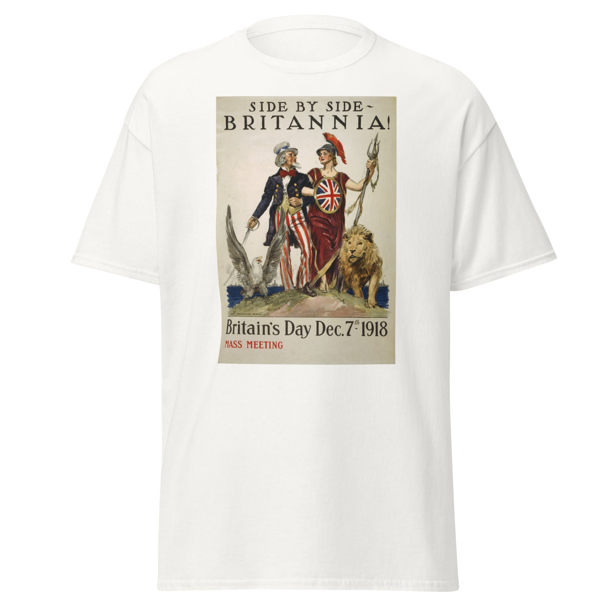 Unisex heather gray t-shirt featuring vintage Britains Day poster artwork printed across the front
