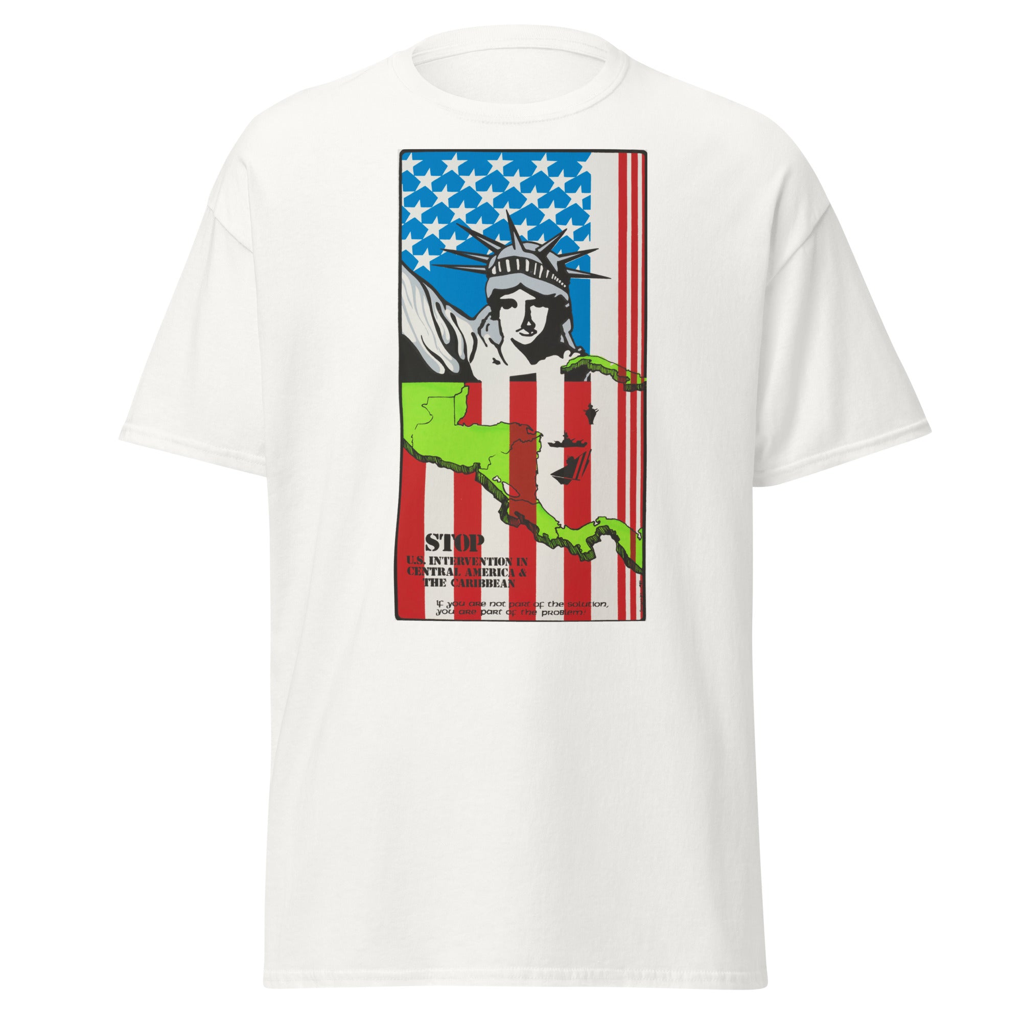 Unisex black t-shirt featuring vintage US Intervention Vintage poster artwork printed across the front