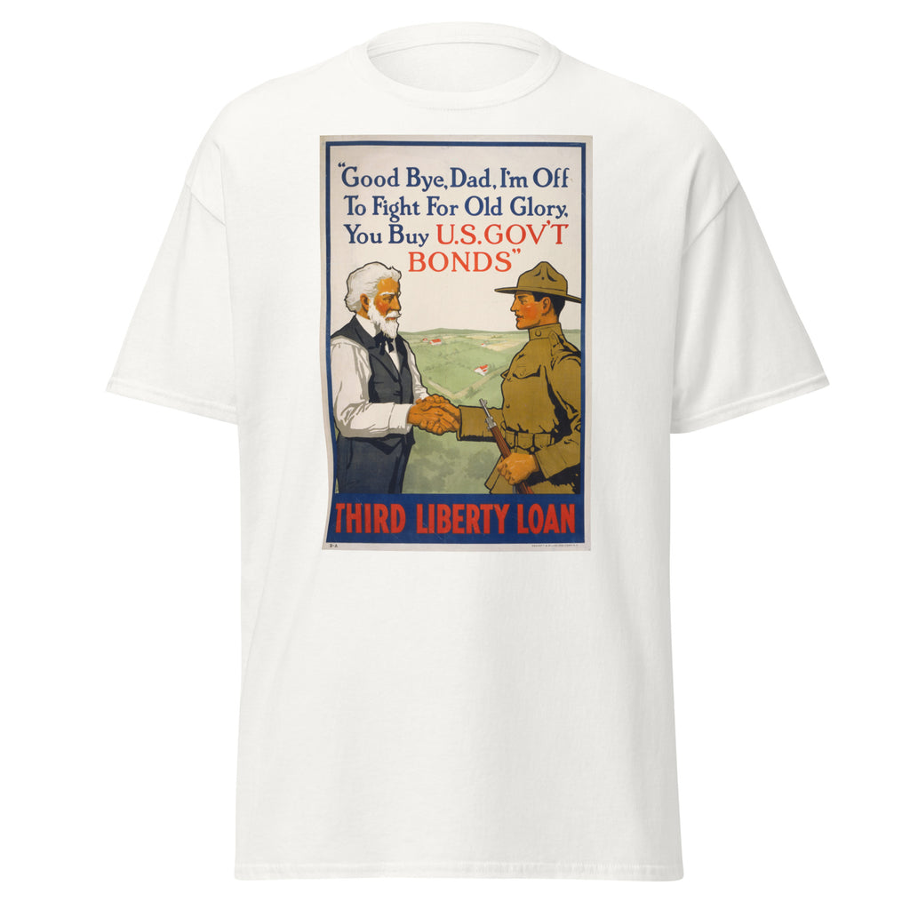 Unisex heather gray t-shirt featuring Liberty Loan WWI quote typography printed across the front chest