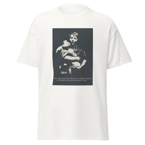 Unisex black t-shirt featuring vintage Anti War Vintage poster artwork printed across the front