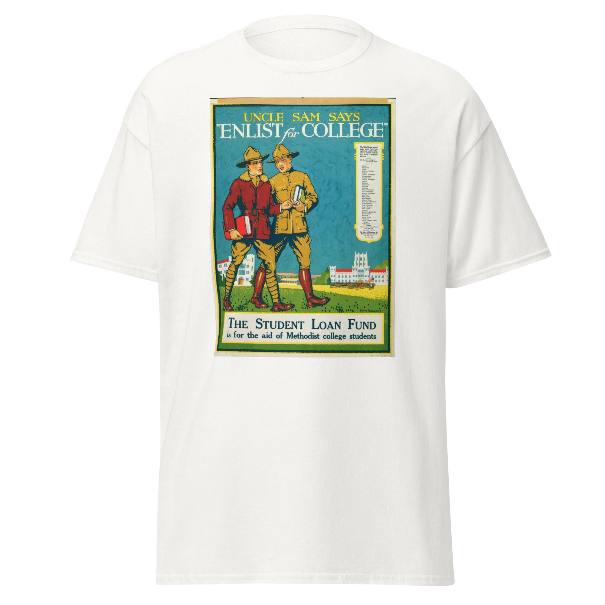Unisex heather gray t-shirt featuring vintage Enlist for College Vintage poster artwork printed across the front