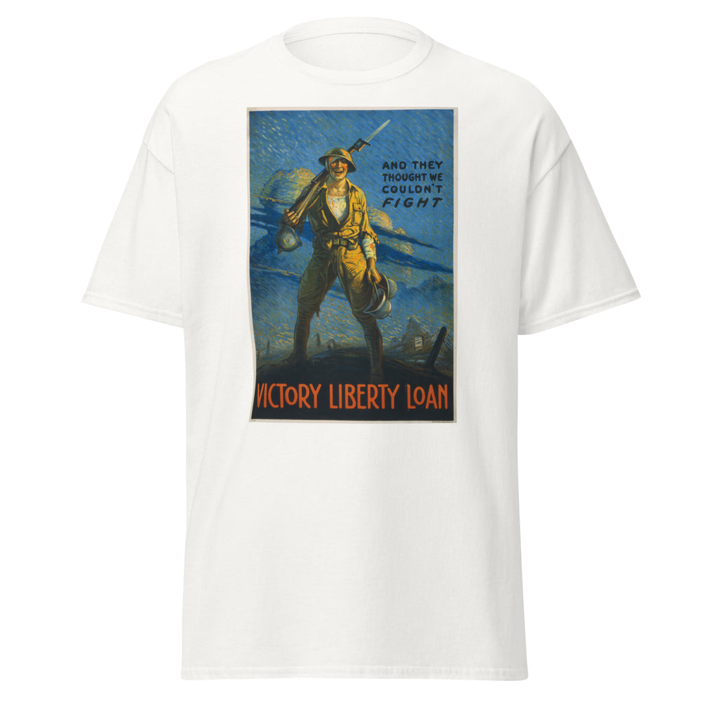 Unisex black t-shirt featuring vintage Victory Liberty Loan poster artwork printed across the front