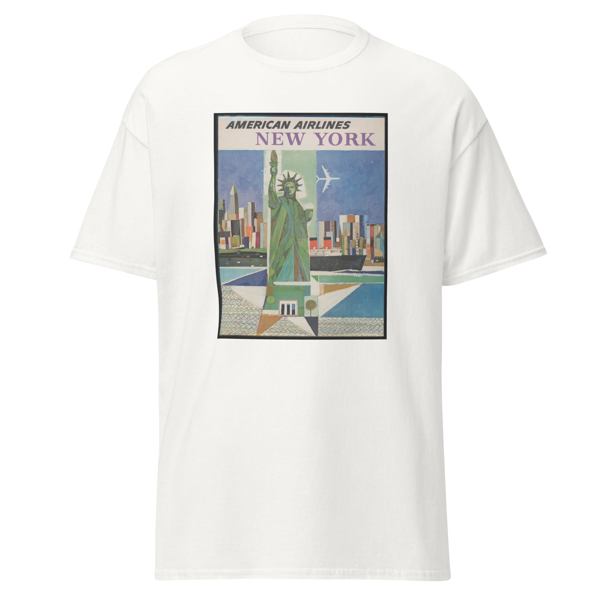 Unisex black t-shirt featuring vintage American Airlines New York Vintage poster artwork printed across the front