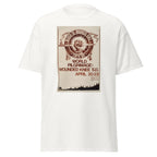 Unisex heather gray t-shirt featuring vintage Wounded Knee Pilgrimage poster artwork printed across the front