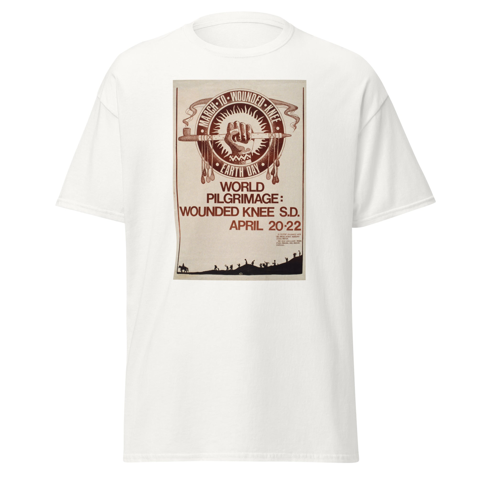Unisex heather gray t-shirt featuring vintage Wounded Knee Pilgrimage poster artwork printed across the front