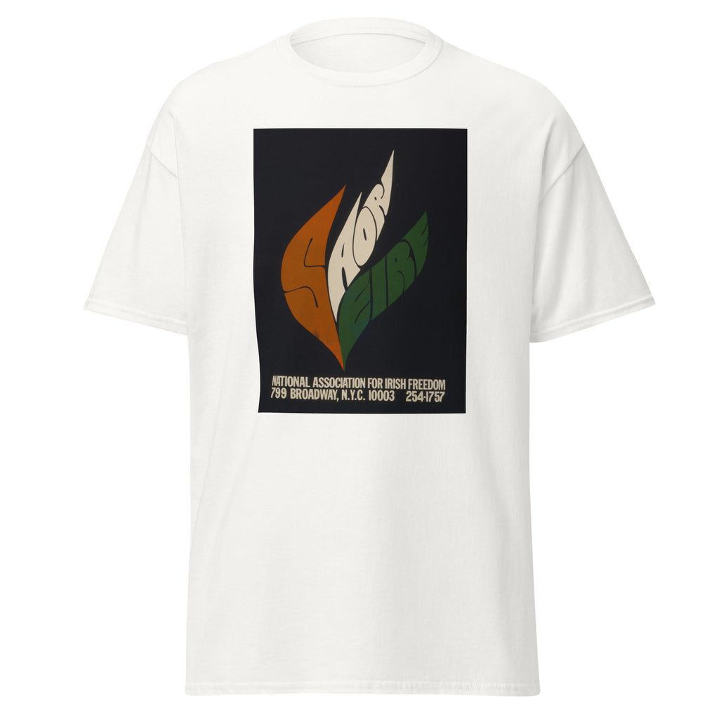 Unisex heather gray t-shirt featuring vintage Irish Freedom poster artwork printed across the front