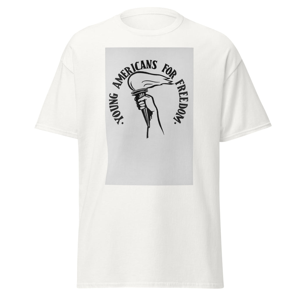 Unisex heather gray t-shirt featuring vintage Young Americans for Freedom poster artwork printed across the front