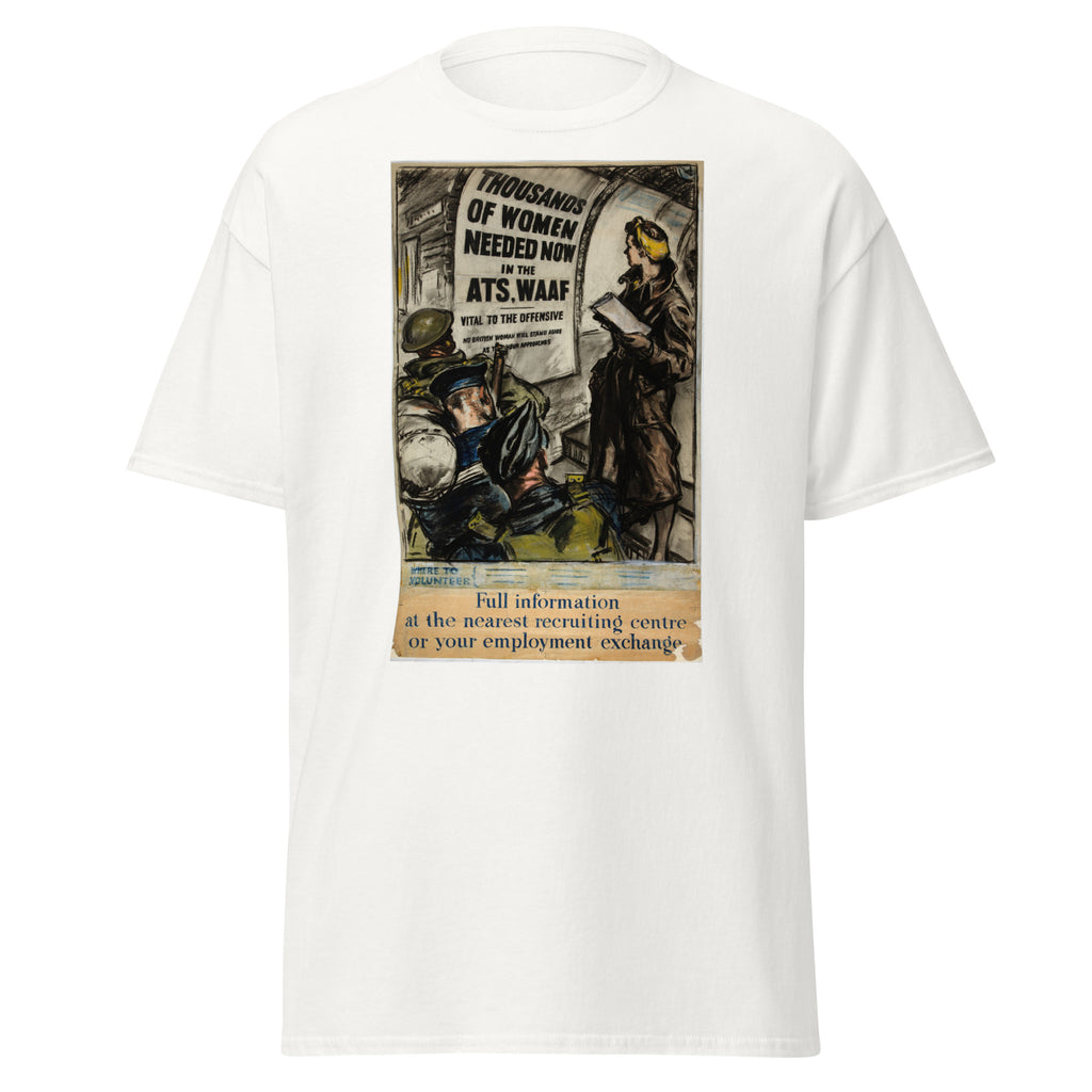 Unisex heather gray t-shirt featuring vintage Women War Recruitment poster artwork printed across the front