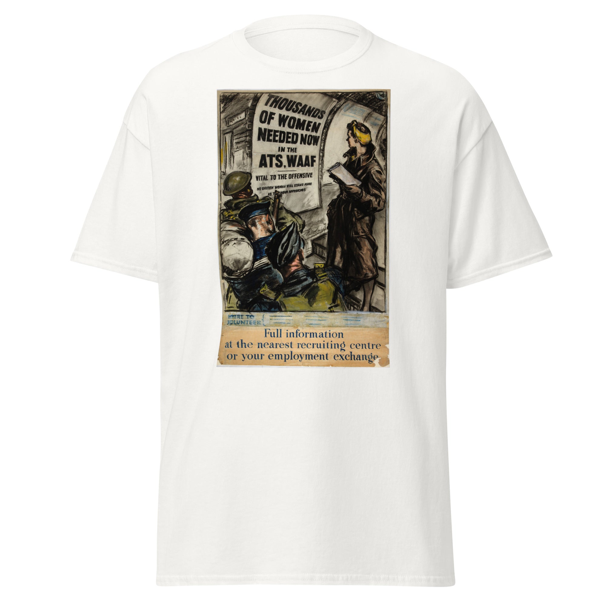 Unisex heather gray t-shirt featuring vintage Women War Recruitment poster artwork printed across the front