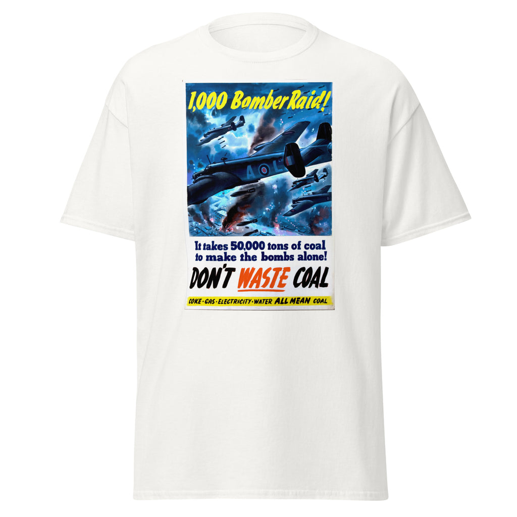 Unisex heather gray t-shirt featuring vintage Dont Waste Coal Vintage poster artwork printed across the front